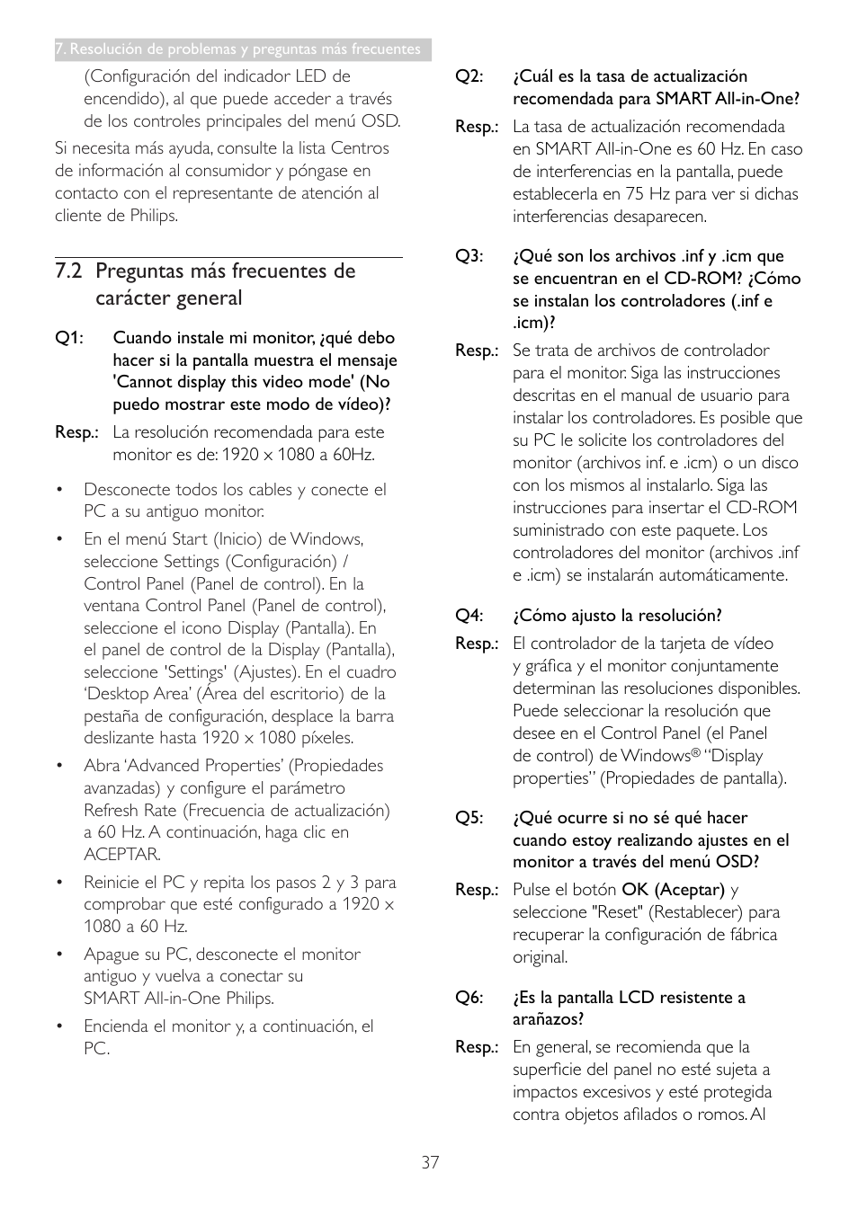 2 preguntas más frecuentes de carácter general, 2 preguntas más frecuentes de, Carácter general | Philips Smart All-in-One User Manual | Page 39 / 43