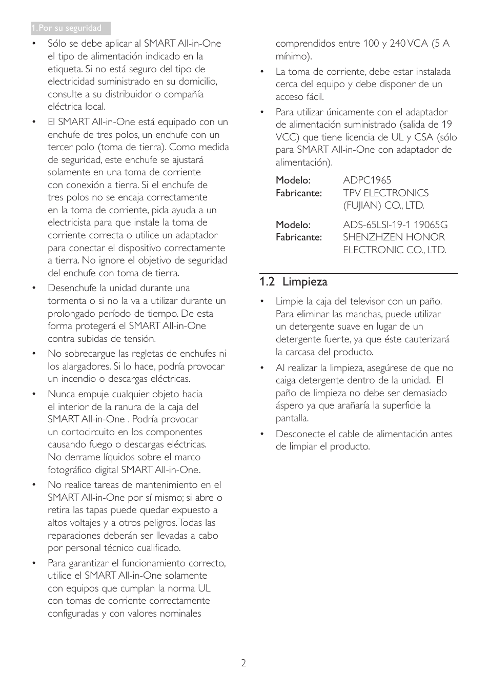 2 limpieza | Philips Smart All-in-One User Manual | Page 4 / 43