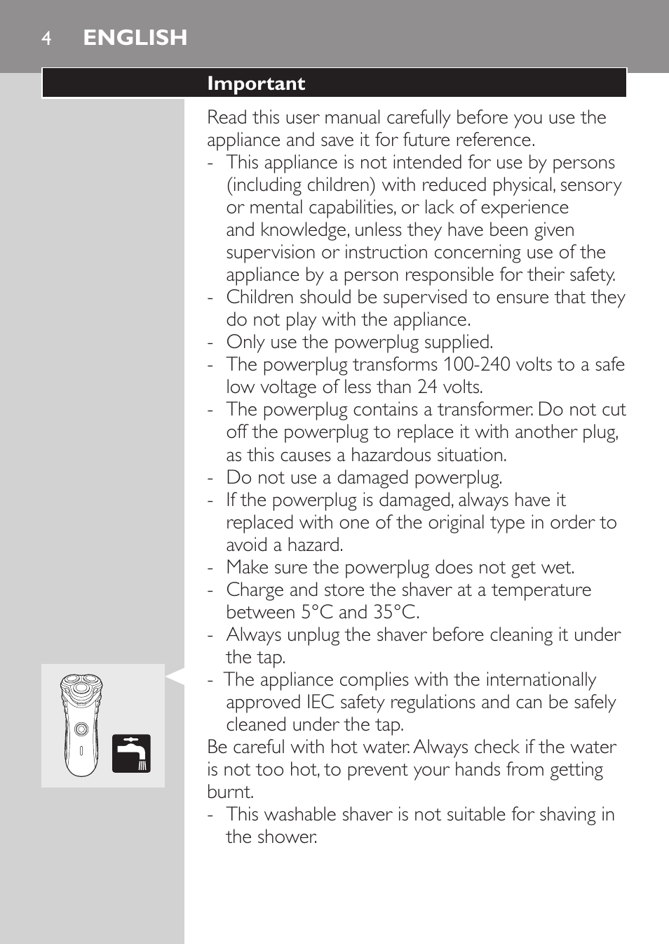 English, Important | Philips SHAVER Series 3000 Afeitadora eléctrica User Manual | Page 2 / 88