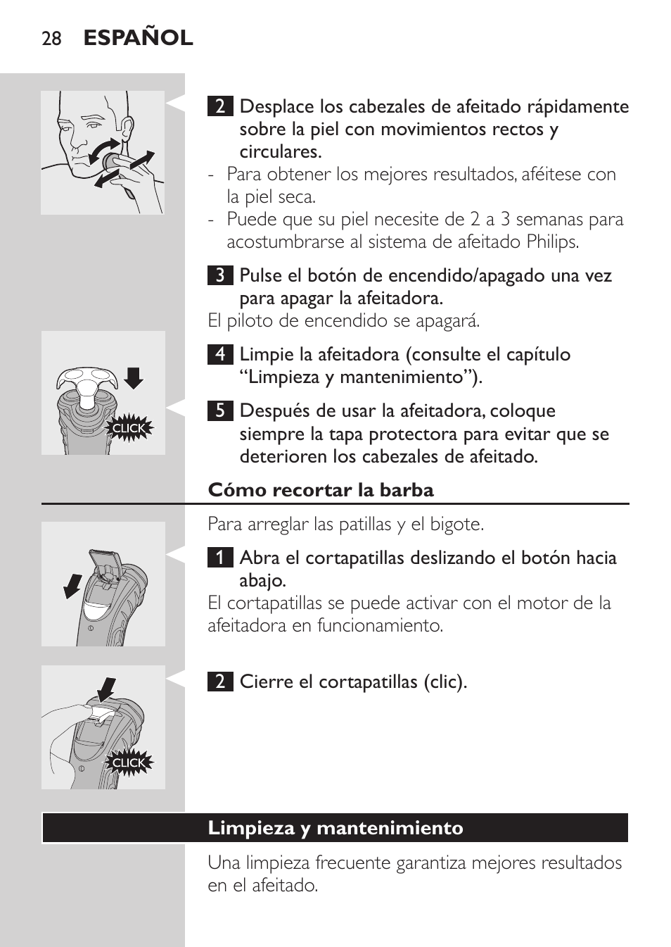 Cómo recortar la barba, Limpieza y mantenimiento | Philips SHAVER Series 3000 Afeitadora eléctrica User Manual | Page 26 / 88