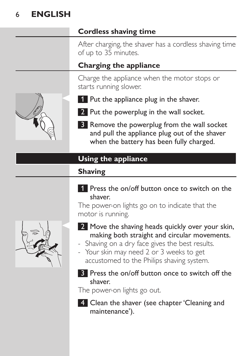 Cordless shaving time, Charging the appliance, Using the appliance | Shaving | Philips SHAVER Series 3000 Afeitadora eléctrica User Manual | Page 4 / 88