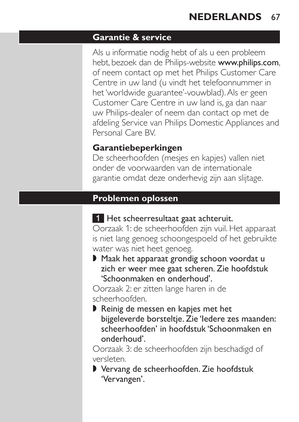 Garantiebeperkingen, Garantie & service, Problemen oplossen | Philips SHAVER Series 3000 Afeitadora eléctrica User Manual | Page 65 / 88