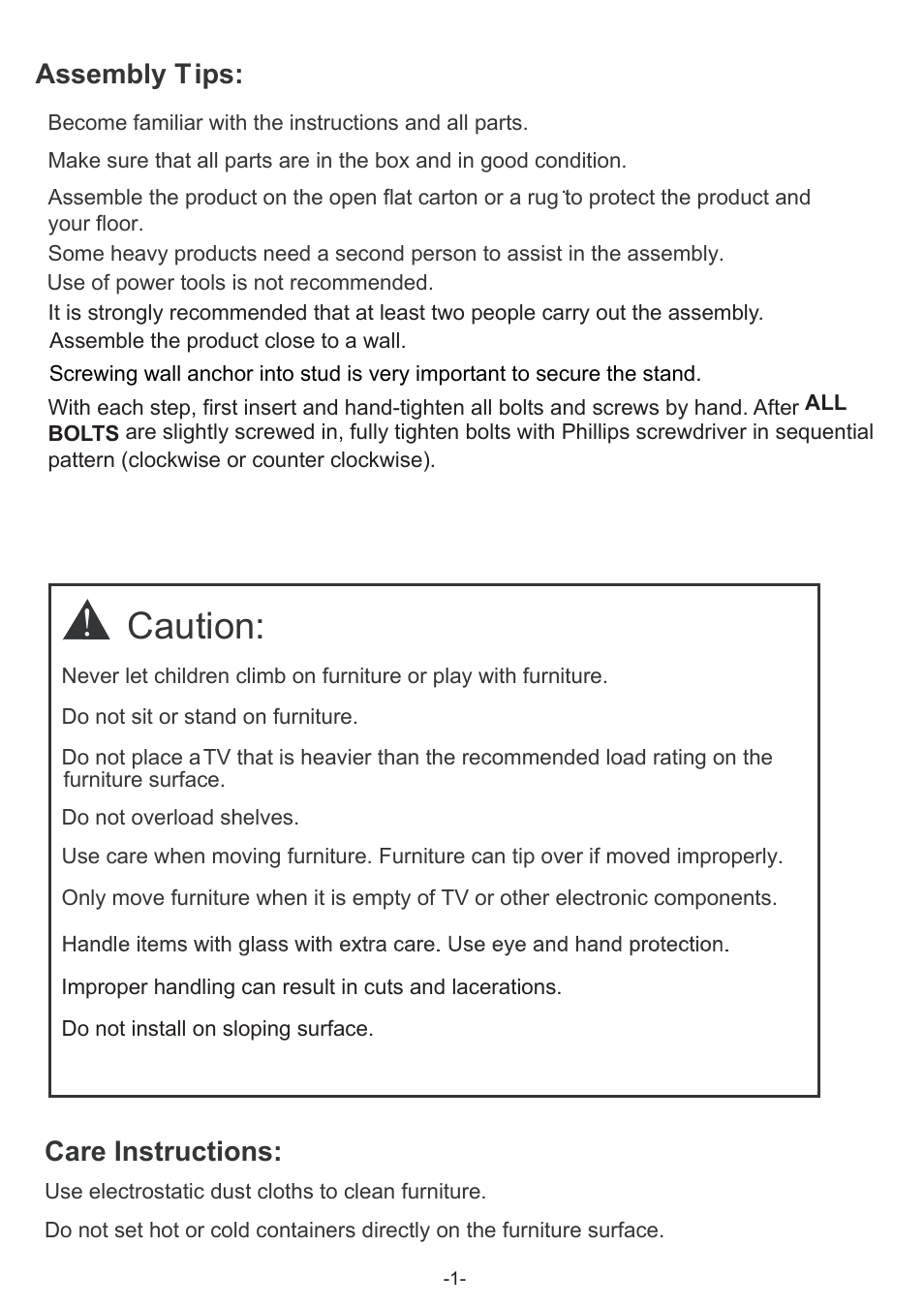 Caution, Assembly tips, Care instructions | Atlantic 36835516 User Manual | Page 2 / 11