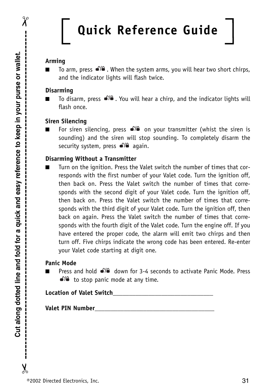 Quick reference guide | Avital Auto Security System MAXX1 User Manual | Page 31 / 34