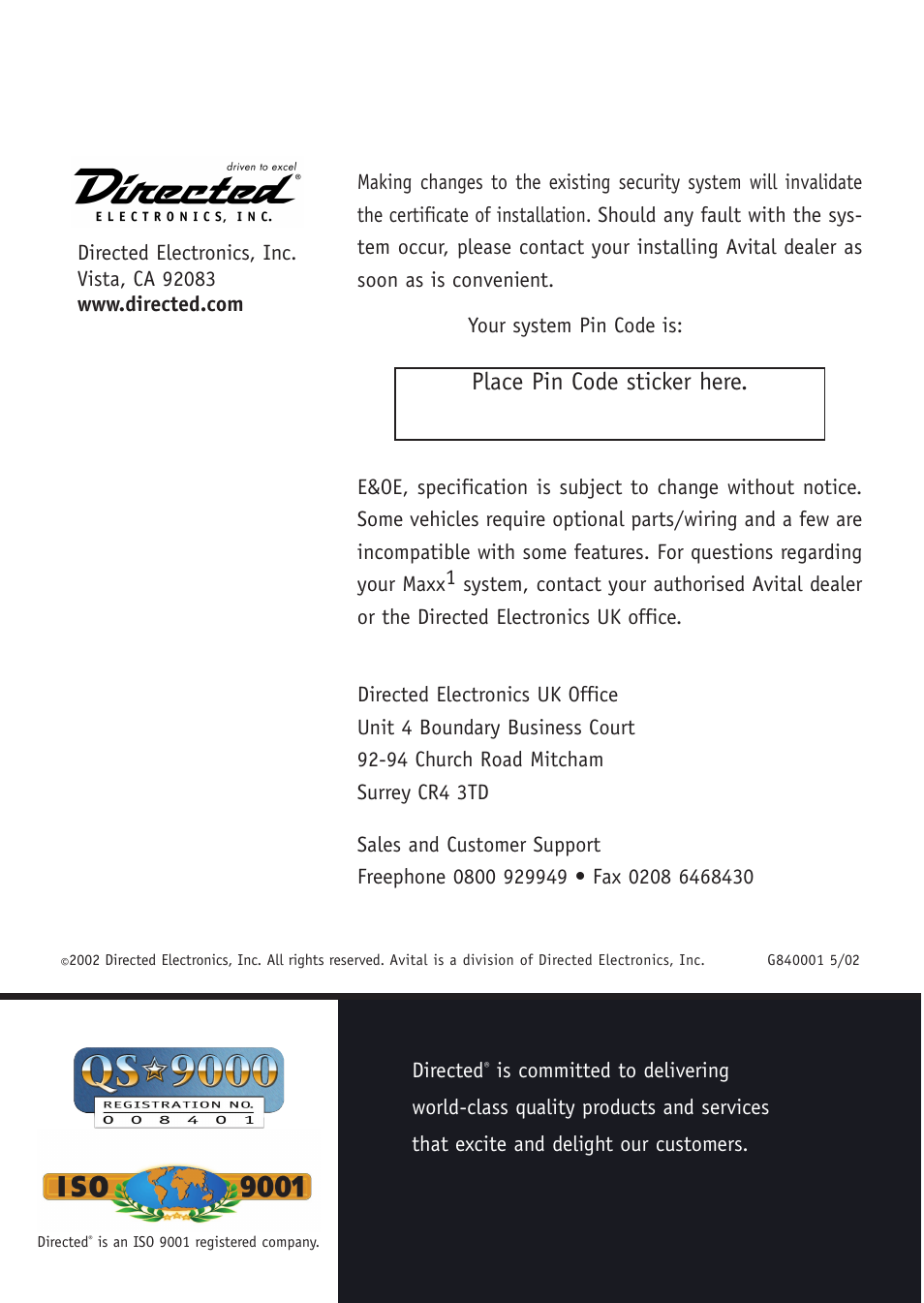 Place pin code sticker here | Avital Auto Security System MAXX1 User Manual | Page 34 / 34