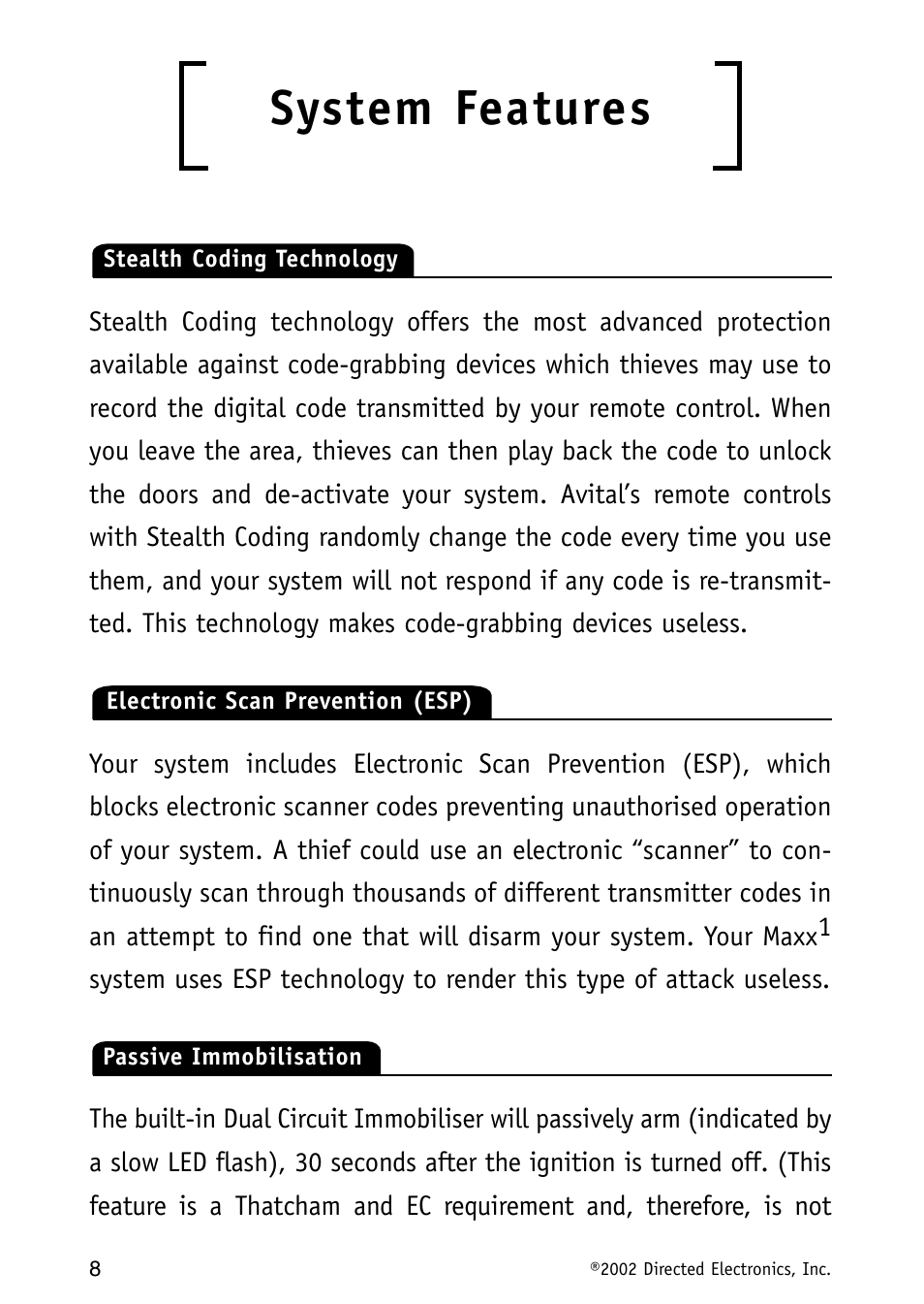 System features | Avital Auto Security System MAXX1 User Manual | Page 8 / 34