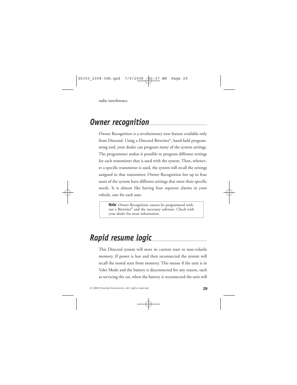 Owner recognition, Rapid resume logic | Avital 5303 User Manual | Page 32 / 43