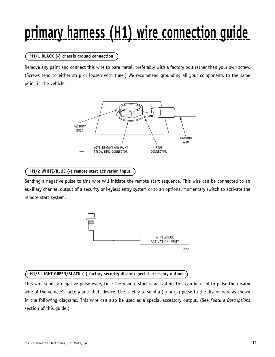 Primary harness (h1) wire connection guide | Avital AviStart 3000 User Manual | Page 11 / 40