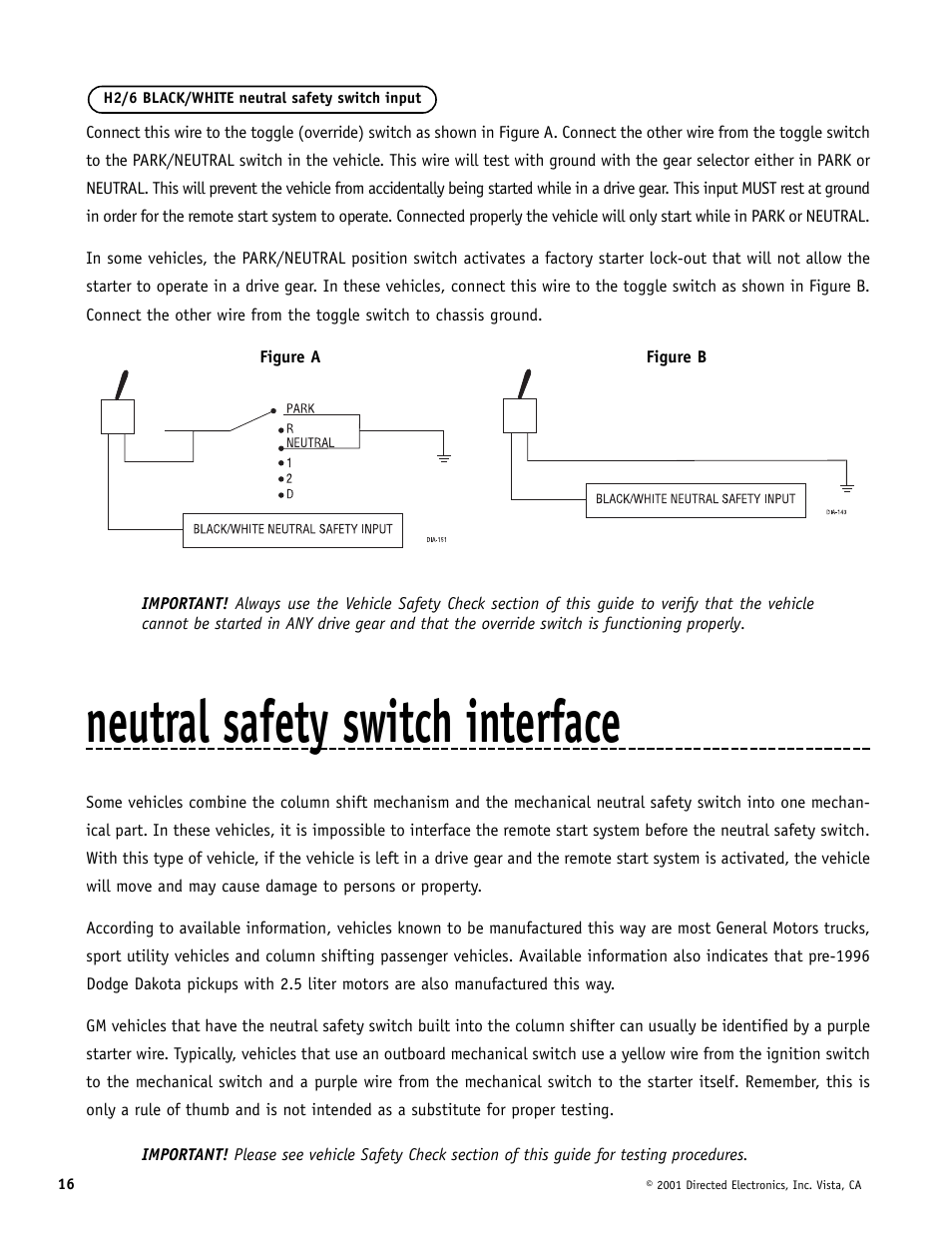 Neutral safety switch interface | Avital AviStart 3000 User Manual | Page 16 / 40