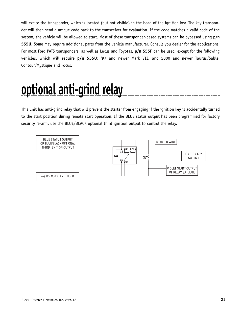 Optional anti-grind relay | Avital AviStart 3000 User Manual | Page 21 / 40