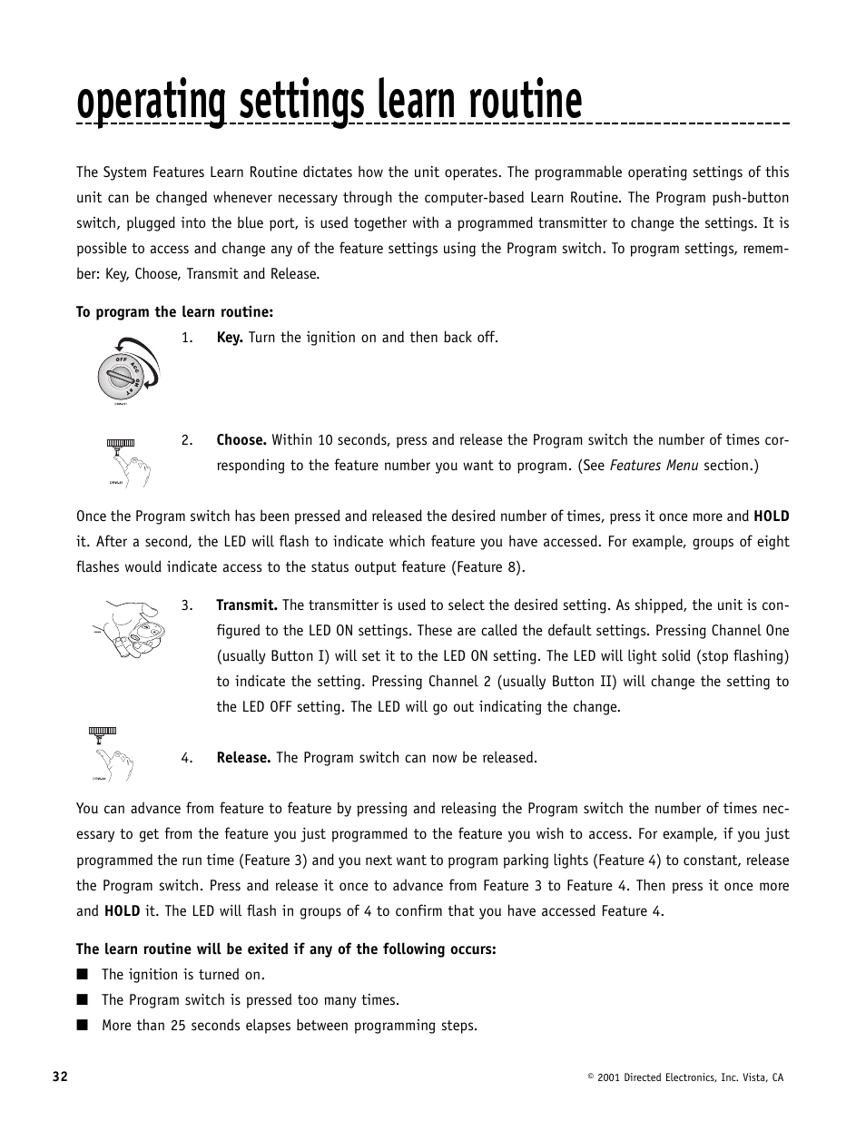 Operating settings learn routine | Avital AviStart 3000 User Manual | Page 32 / 40