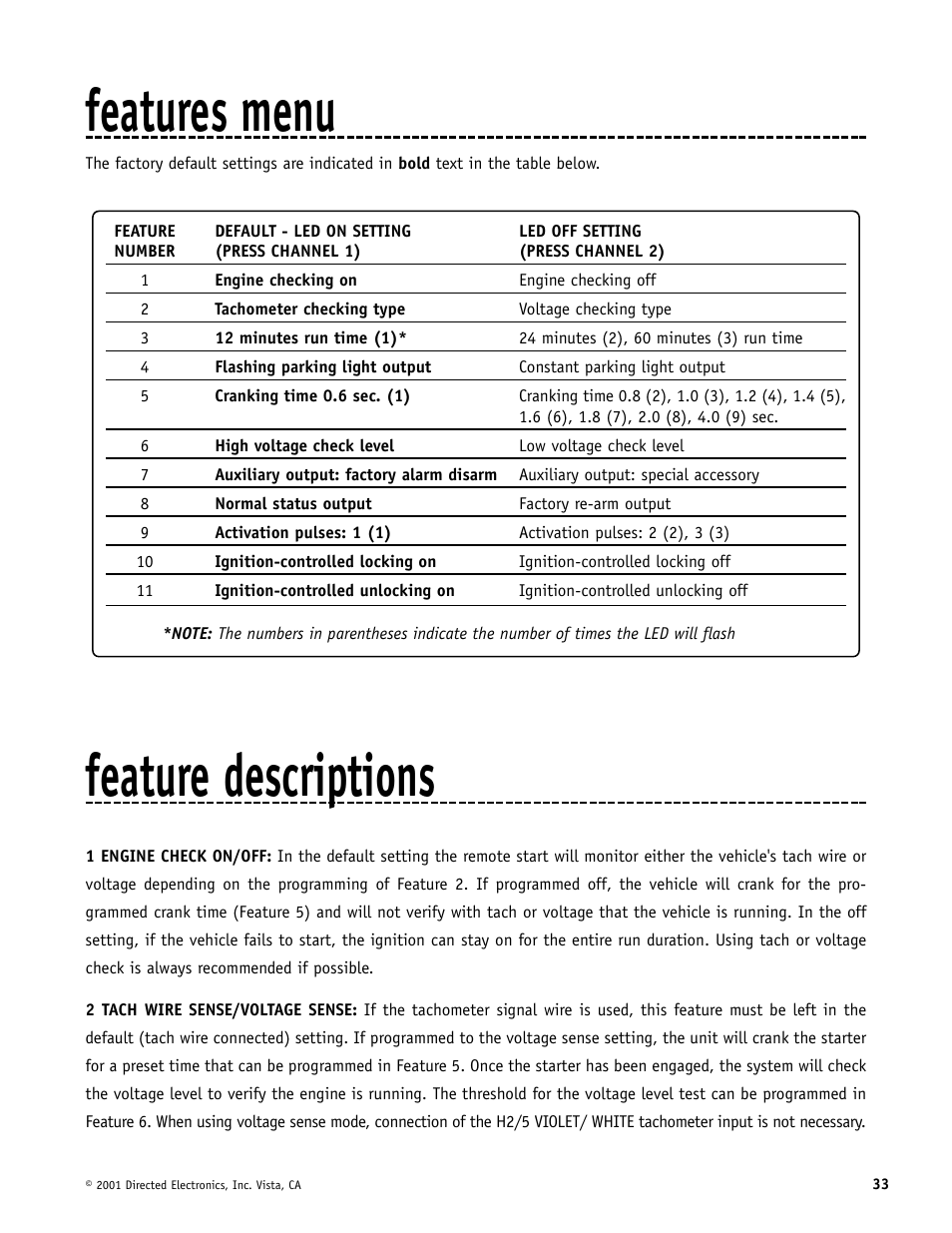 Features menu, Feature descriptions | Avital AviStart 3000 User Manual | Page 33 / 40