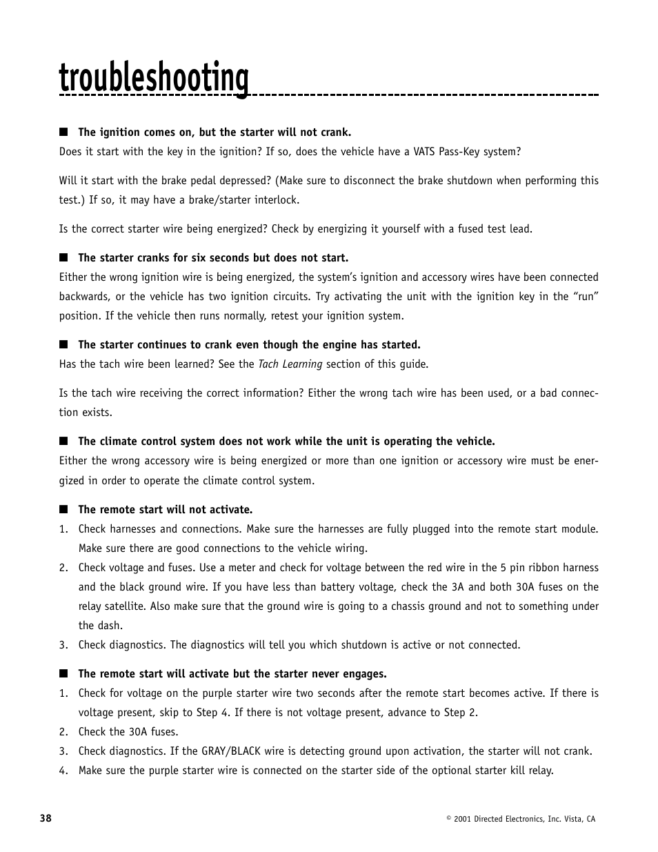 Troubleshooting | Avital AviStart 3000 User Manual | Page 38 / 40