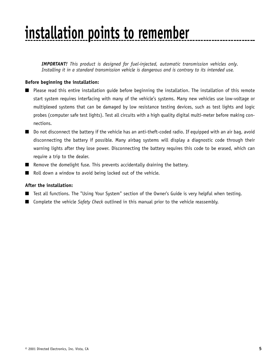 Installation points to remember | Avital AviStart 3000 User Manual | Page 5 / 40