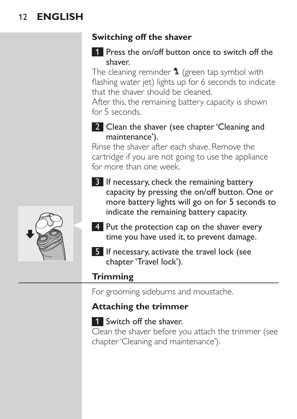 Switching off the shaver, Trimming, Attaching the trimmer | Philips Afeitadora NIVEA FOR MEN User Manual | Page 10 / 124