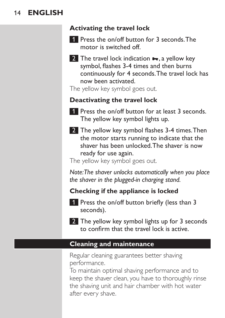 Activating the travel lock, Deactivating the travel lock, Checking if the appliance is locked | Cleaning and maintenance | Philips Afeitadora NIVEA FOR MEN User Manual | Page 12 / 124