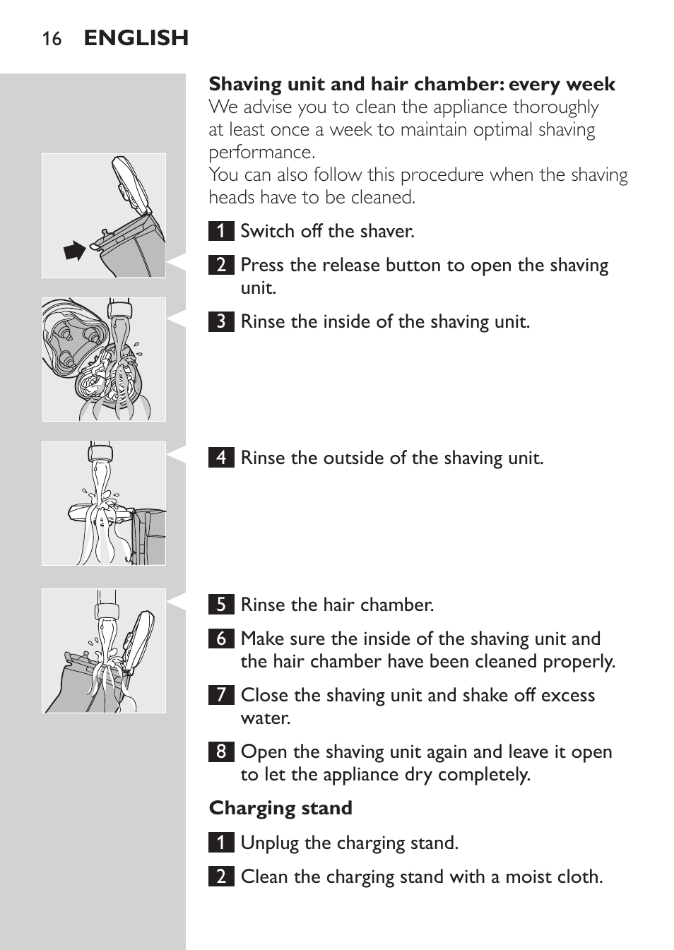Shaving unit and hair chamber: every week, Charging stand | Philips Afeitadora NIVEA FOR MEN User Manual | Page 14 / 124