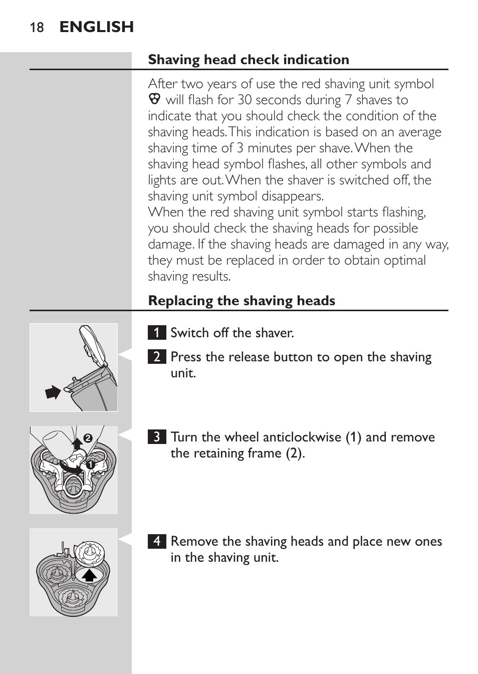 Shaving head check indication, Replacing the shaving heads, English | Philips Afeitadora NIVEA FOR MEN User Manual | Page 16 / 124