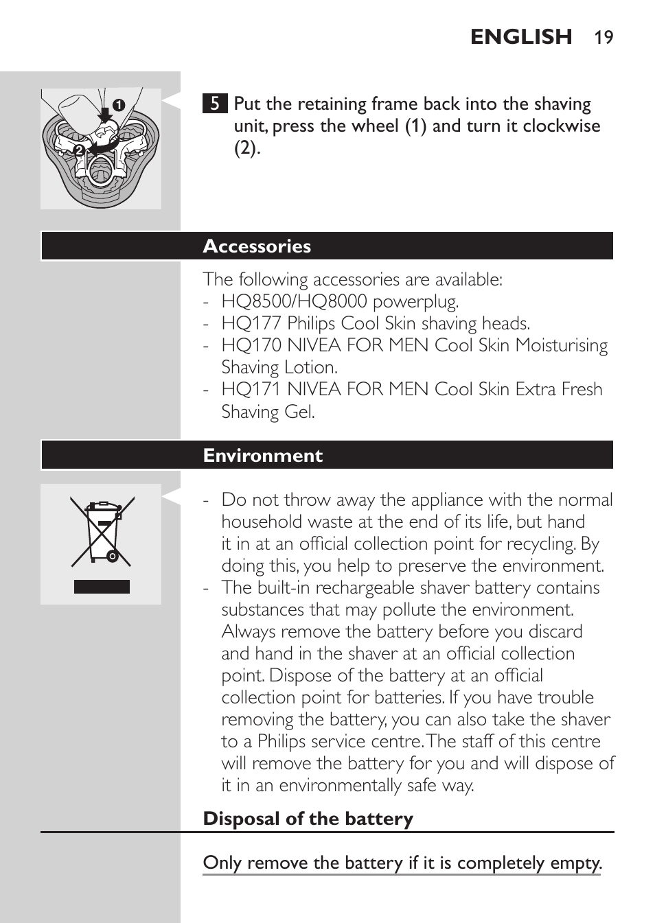 Accessories, Environment, Disposal of the battery | English | Philips Afeitadora NIVEA FOR MEN User Manual | Page 17 / 124