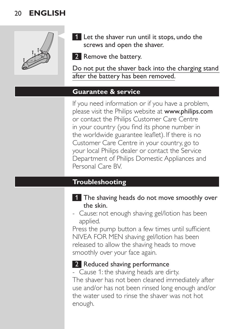 Guarantee & service, Troubleshooting | Philips Afeitadora NIVEA FOR MEN User Manual | Page 18 / 124