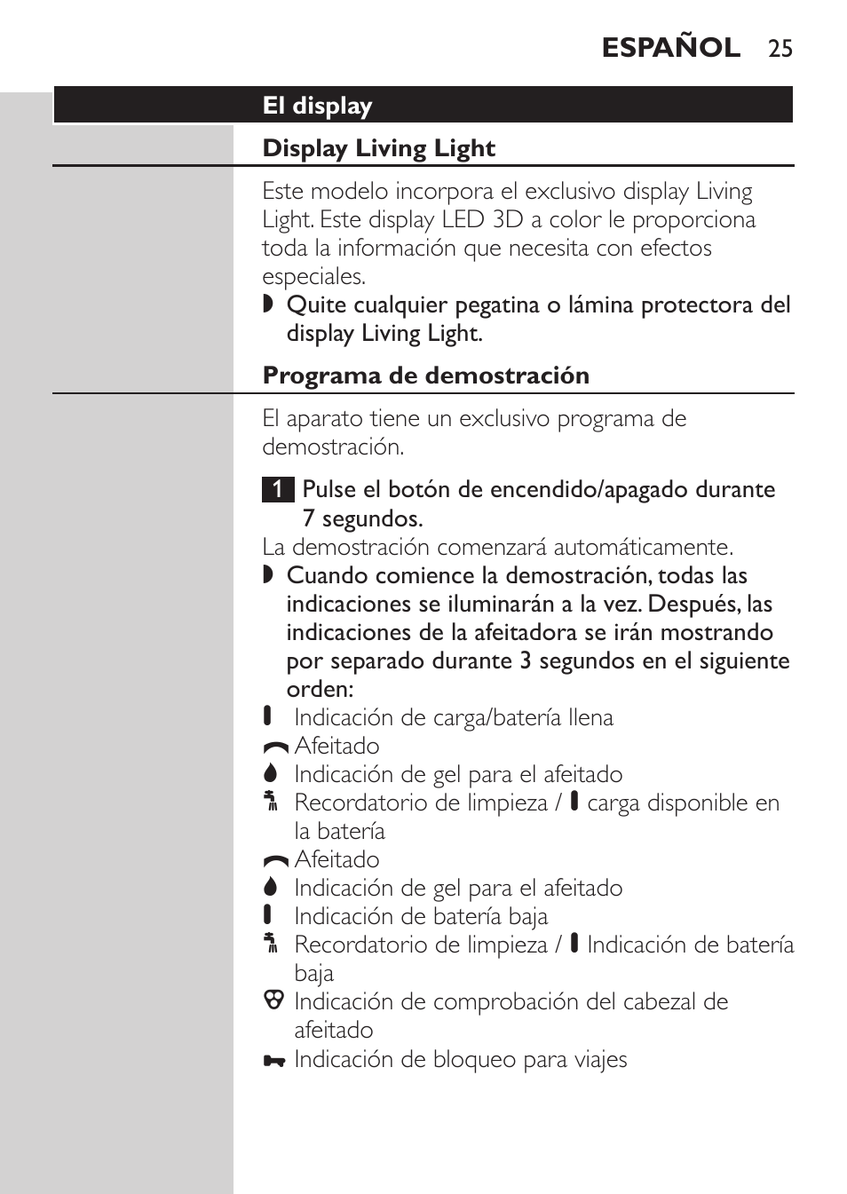 El display, Display living light, Programa de demostración | Philips Afeitadora NIVEA FOR MEN User Manual | Page 23 / 124