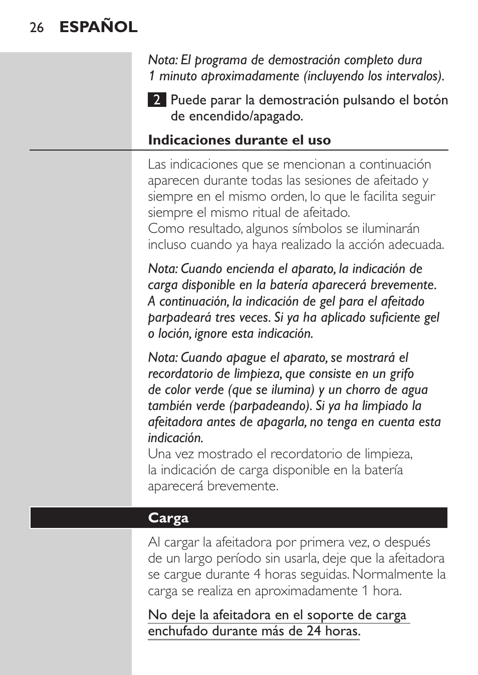 Indicaciones durante el uso, Carga | Philips Afeitadora NIVEA FOR MEN User Manual | Page 24 / 124