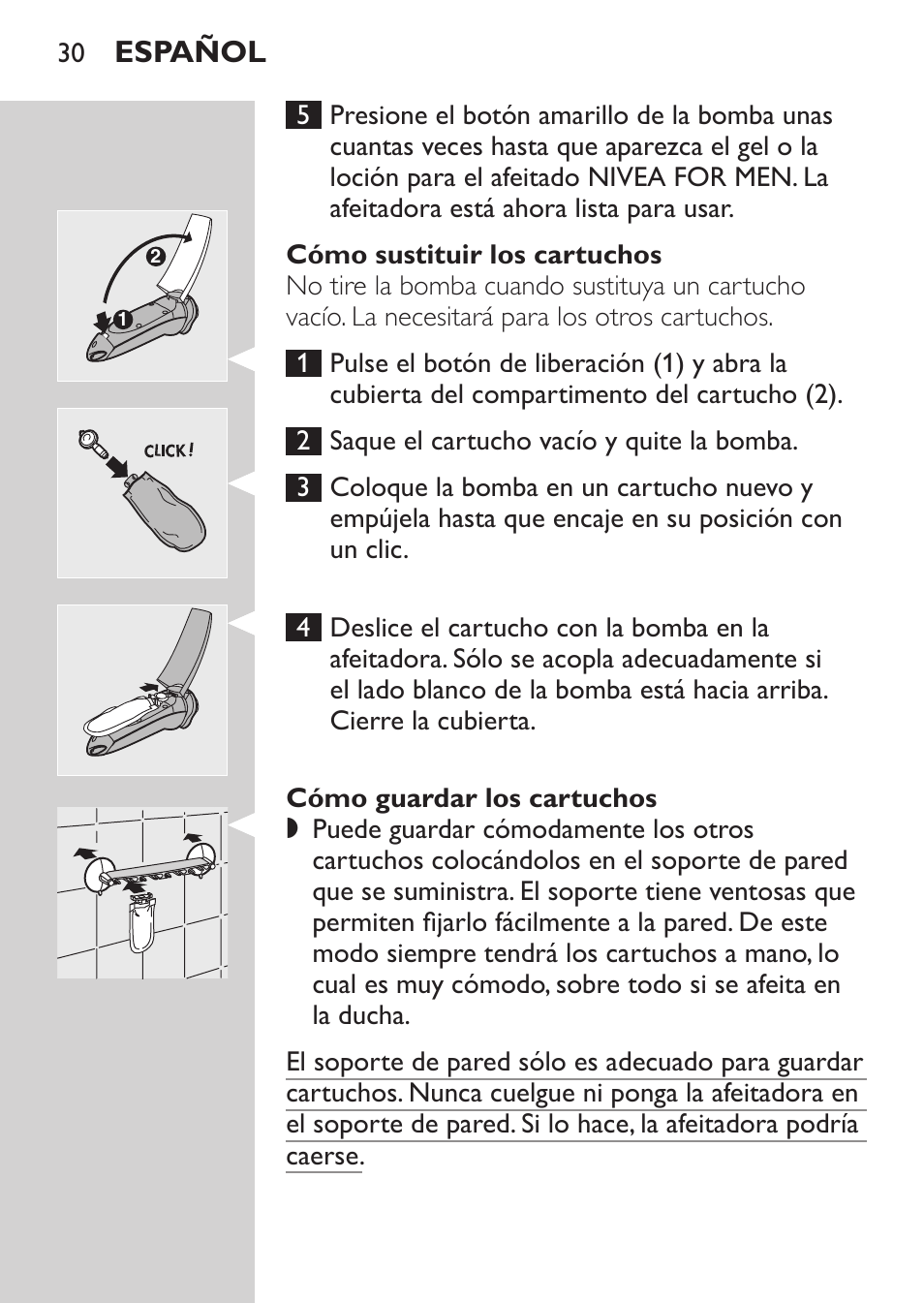 Cómo sustituir los cartuchos, Cómo guardar los cartuchos, Español | Philips Afeitadora NIVEA FOR MEN User Manual | Page 28 / 124