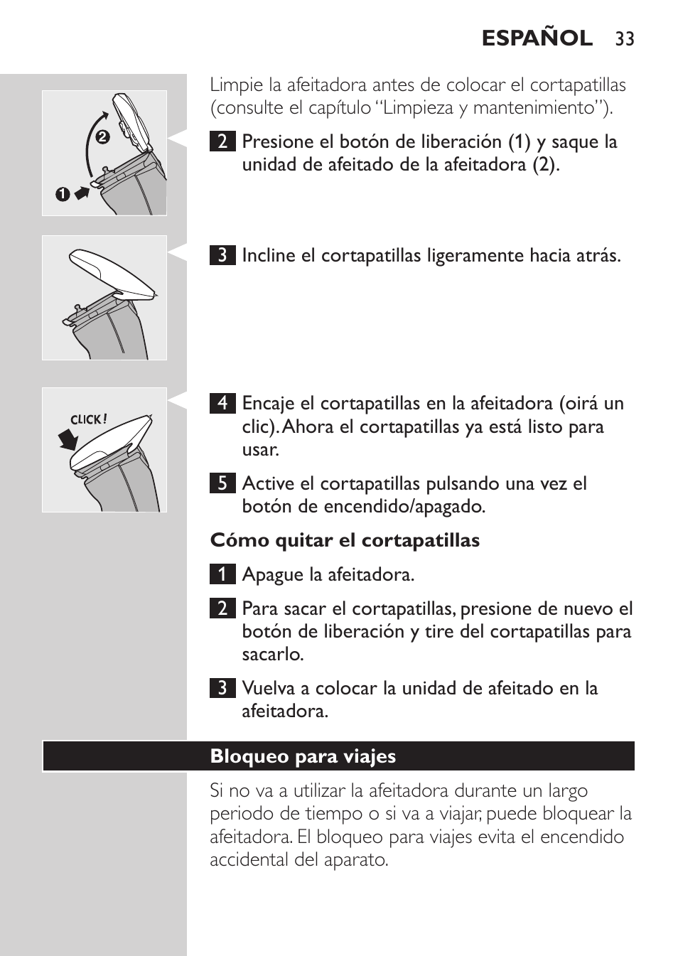 Cómo quitar el cortapatillas, Bloqueo para viajes, Español | Philips Afeitadora NIVEA FOR MEN User Manual | Page 31 / 124