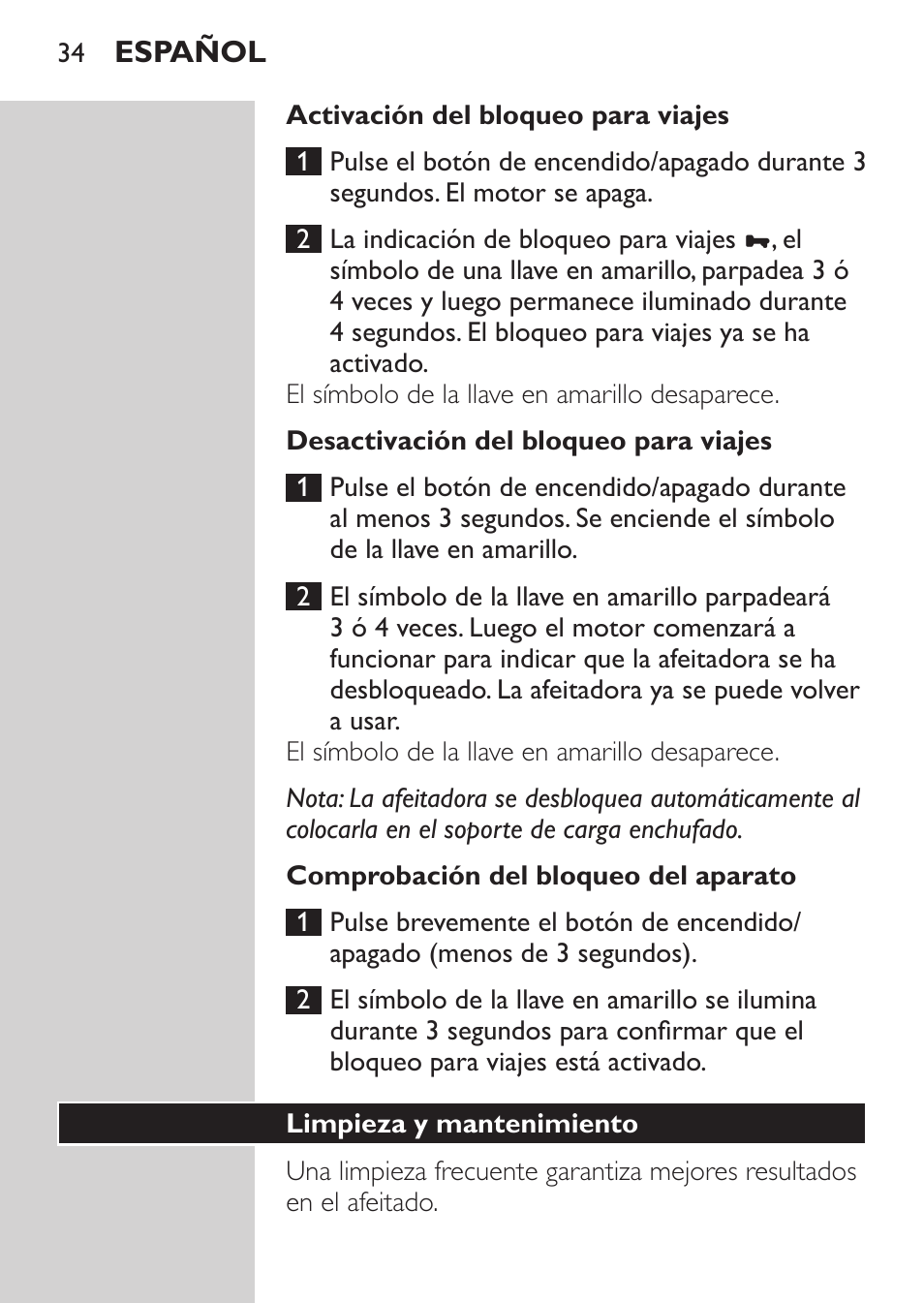 Activación del bloqueo para viajes, Desactivación del bloqueo para viajes, Comprobación del bloqueo del aparato | Limpieza y mantenimiento | Philips Afeitadora NIVEA FOR MEN User Manual | Page 32 / 124