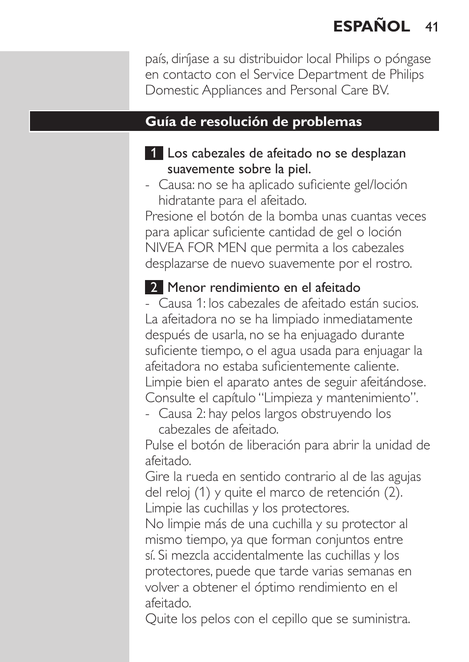 Guía de resolución de problemas | Philips Afeitadora NIVEA FOR MEN User Manual | Page 39 / 124