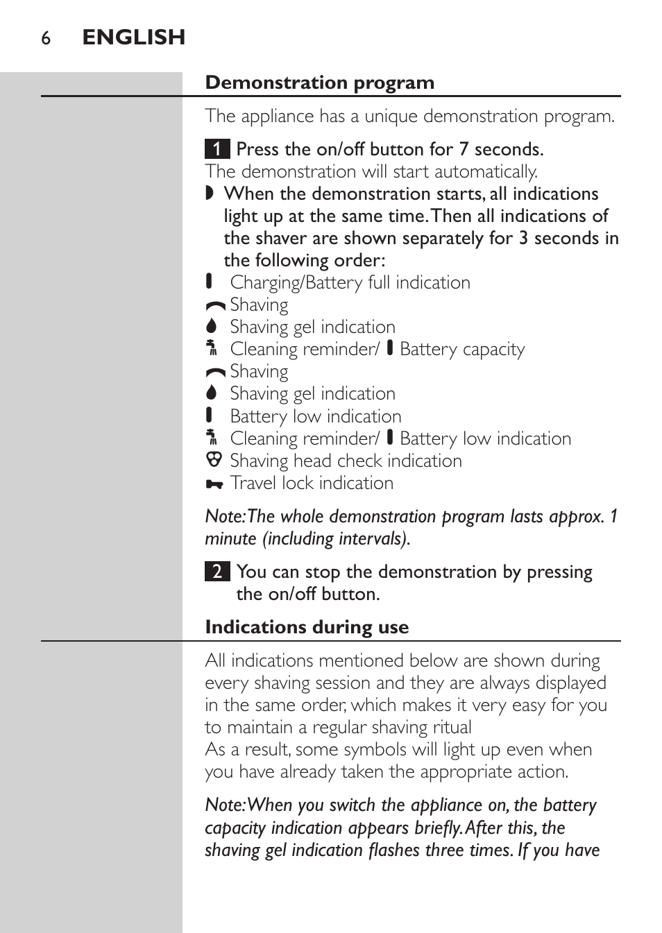 Demonstration program, Indications during use | Philips Afeitadora NIVEA FOR MEN User Manual | Page 4 / 124