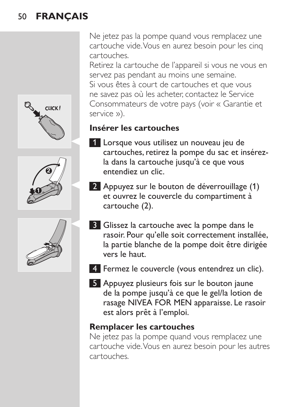 Insérer les cartouches, Remplacer les cartouches, Français | Philips Afeitadora NIVEA FOR MEN User Manual | Page 48 / 124