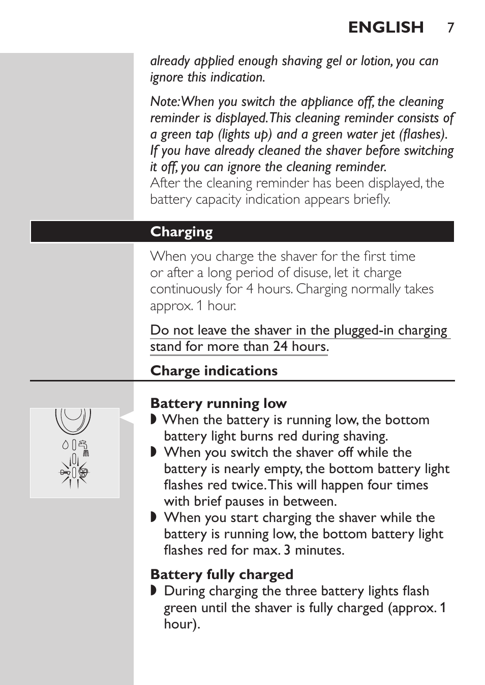 Charging, Charge indications, Battery running low | Battery fully charged | Philips Afeitadora NIVEA FOR MEN User Manual | Page 5 / 124