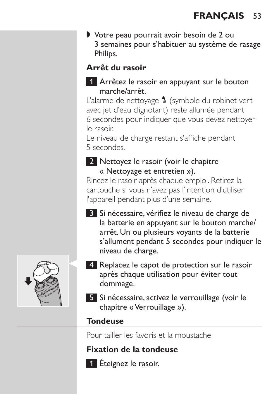 Arrêt du rasoir, Tondeuse, Fixation de la tondeuse | Philips Afeitadora NIVEA FOR MEN User Manual | Page 51 / 124