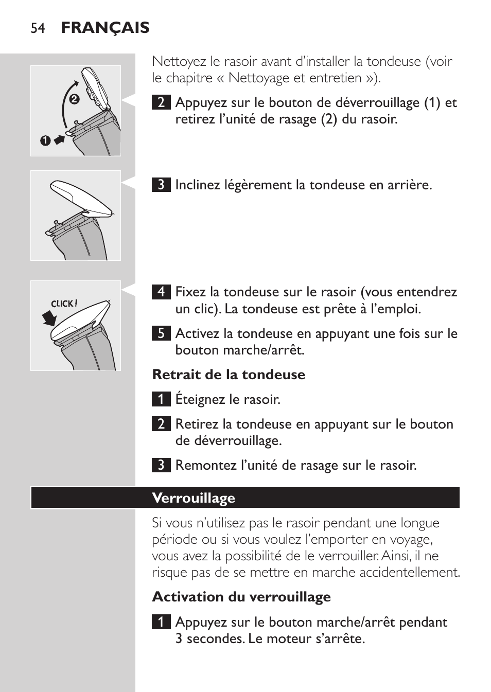 Retrait de la tondeuse, Activation du verrouillage, Verrouillage | Français | Philips Afeitadora NIVEA FOR MEN User Manual | Page 52 / 124