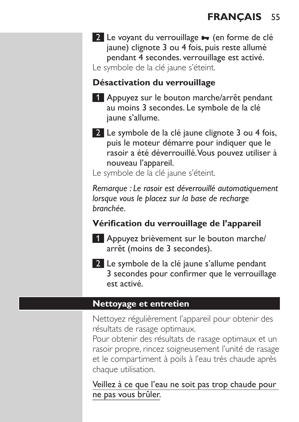 Désactivation du verrouillage, Vérification du verrouillage de l’appareil, Nettoyage et entretien | Philips Afeitadora NIVEA FOR MEN User Manual | Page 53 / 124