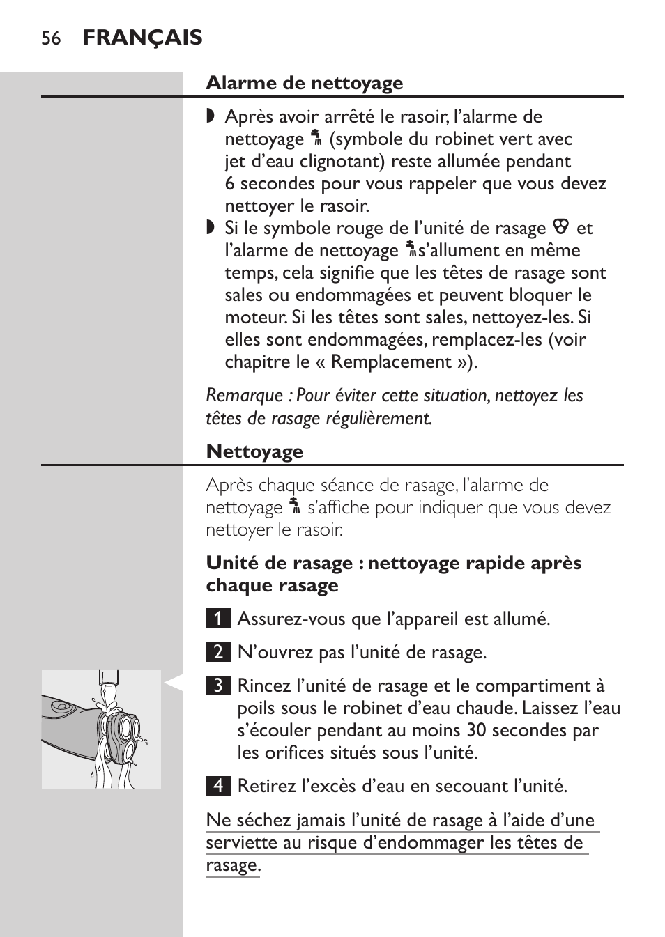 Alarme de nettoyage, Nettoyage | Philips Afeitadora NIVEA FOR MEN User Manual | Page 54 / 124