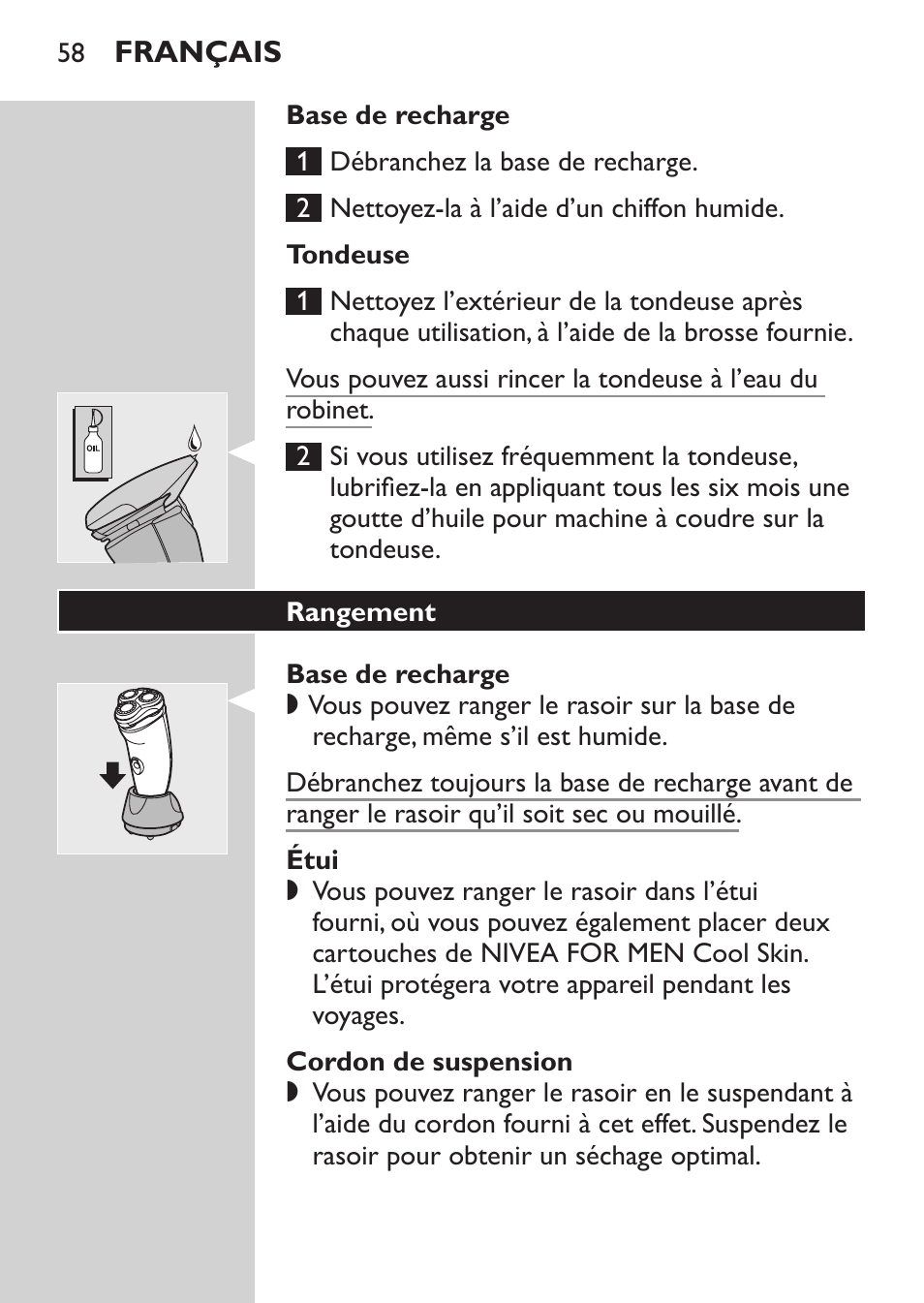 Base de recharge, Tondeuse, Étui | Cordon de suspension, Rangement | Philips Afeitadora NIVEA FOR MEN User Manual | Page 56 / 124