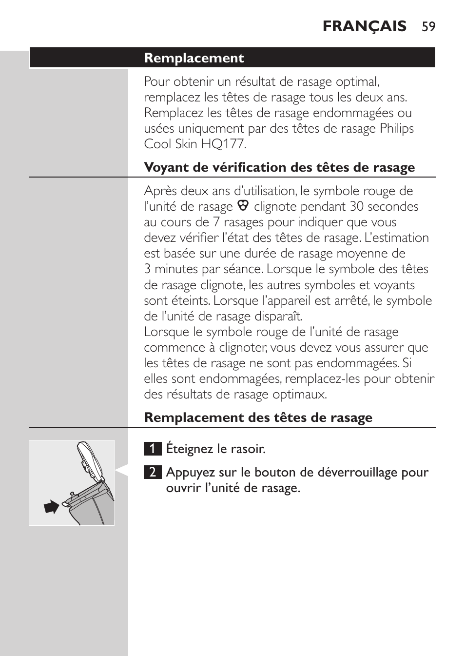 Remplacement, Voyant de vérification des têtes de rasage, Remplacement des têtes de rasage | Philips Afeitadora NIVEA FOR MEN User Manual | Page 57 / 124