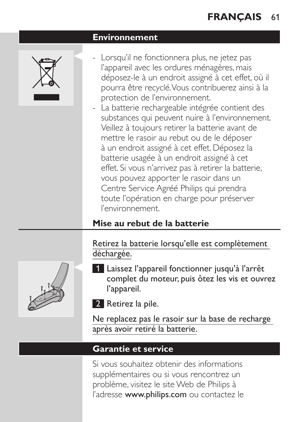 Environnement, Mise au rebut de la batterie, Garantie et service | Philips Afeitadora NIVEA FOR MEN User Manual | Page 59 / 124