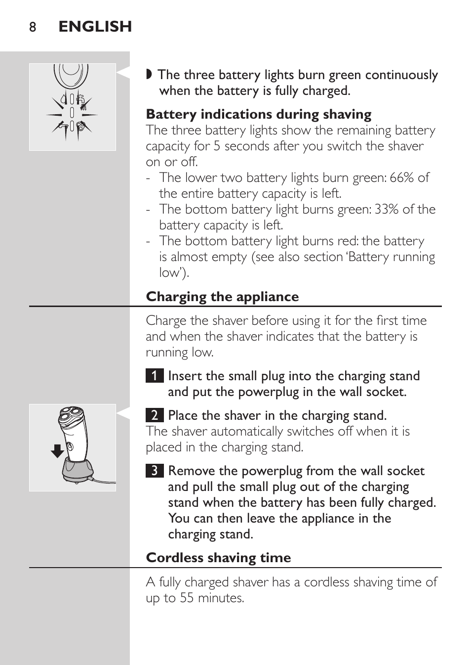 Battery indications during shaving, Charging the appliance, Cordless shaving time | Philips Afeitadora NIVEA FOR MEN User Manual | Page 6 / 124