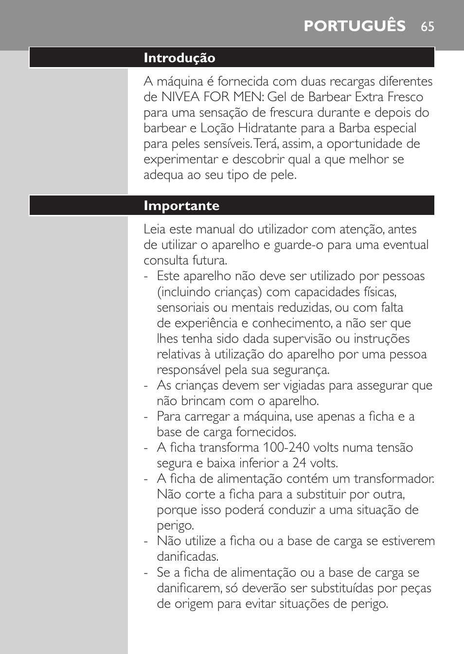 Português, Introdução, Importante | Philips Afeitadora NIVEA FOR MEN User Manual | Page 63 / 124