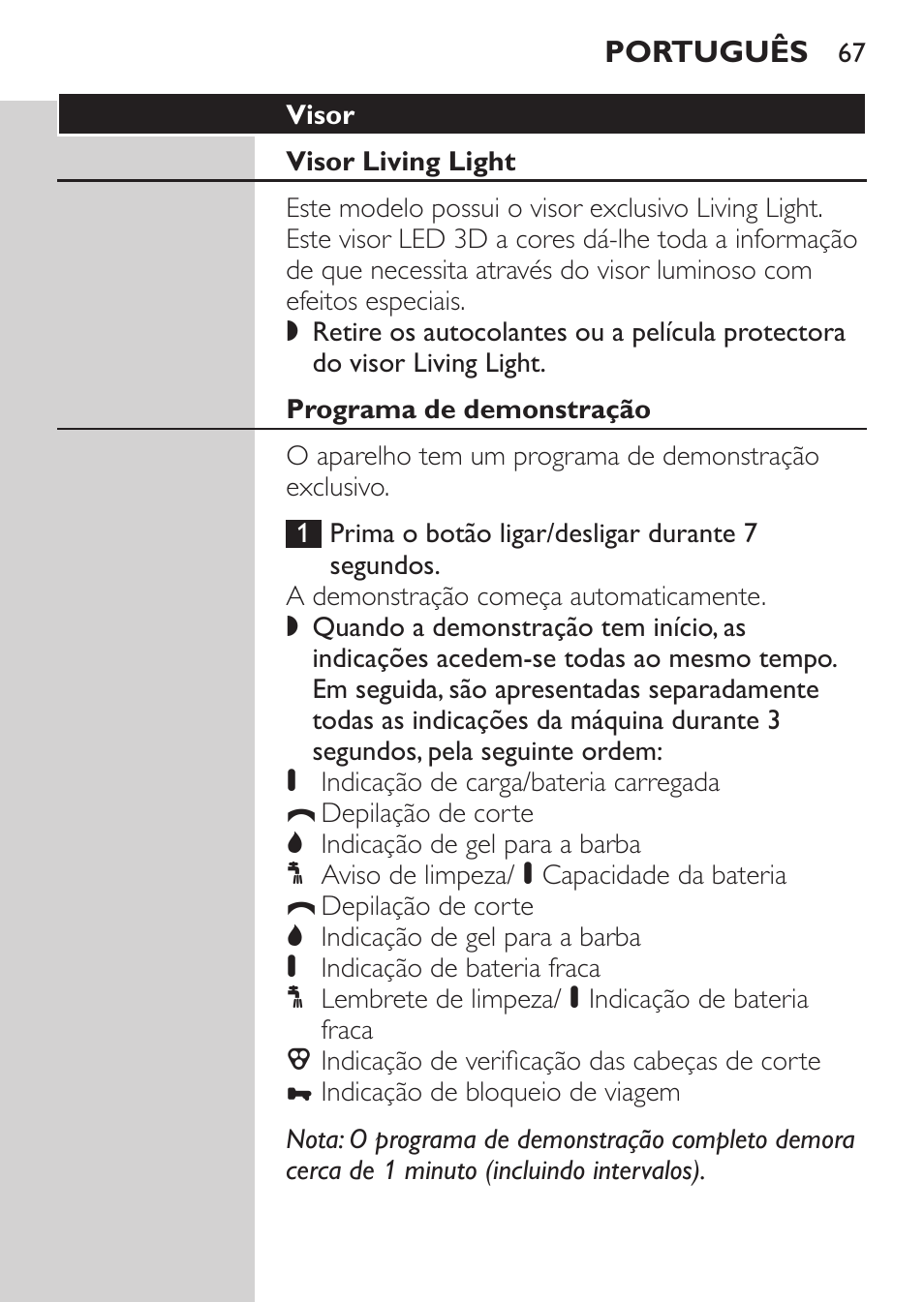 Visor, Visor living light, Programa de demonstração | Philips Afeitadora NIVEA FOR MEN User Manual | Page 65 / 124