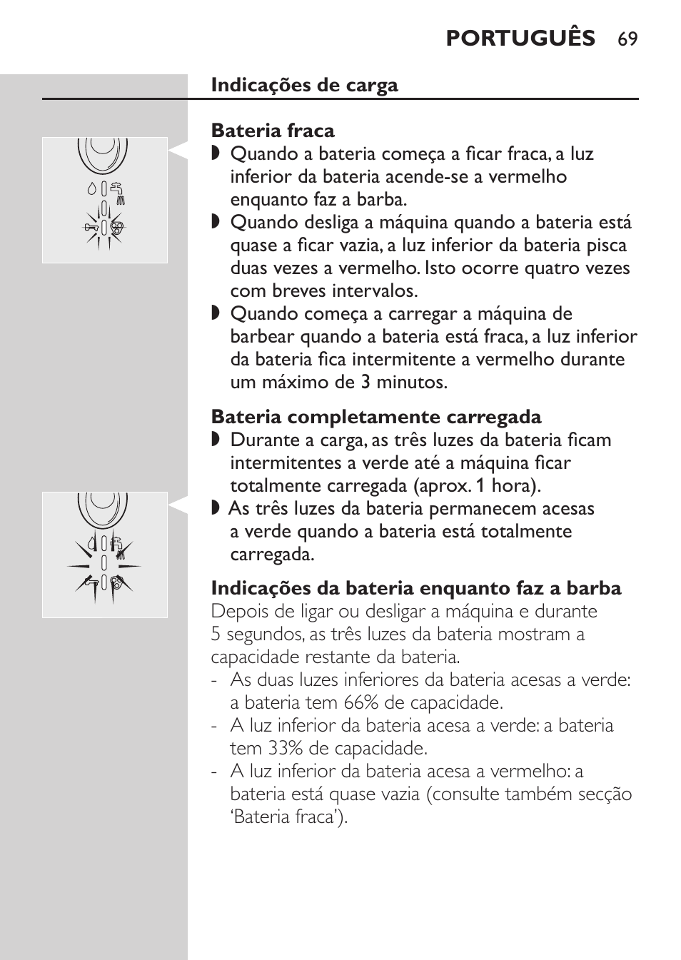 Indicações de carga, Bateria fraca, Bateria completamente carregada | Indicações da bateria enquanto faz a barba | Philips Afeitadora NIVEA FOR MEN User Manual | Page 67 / 124