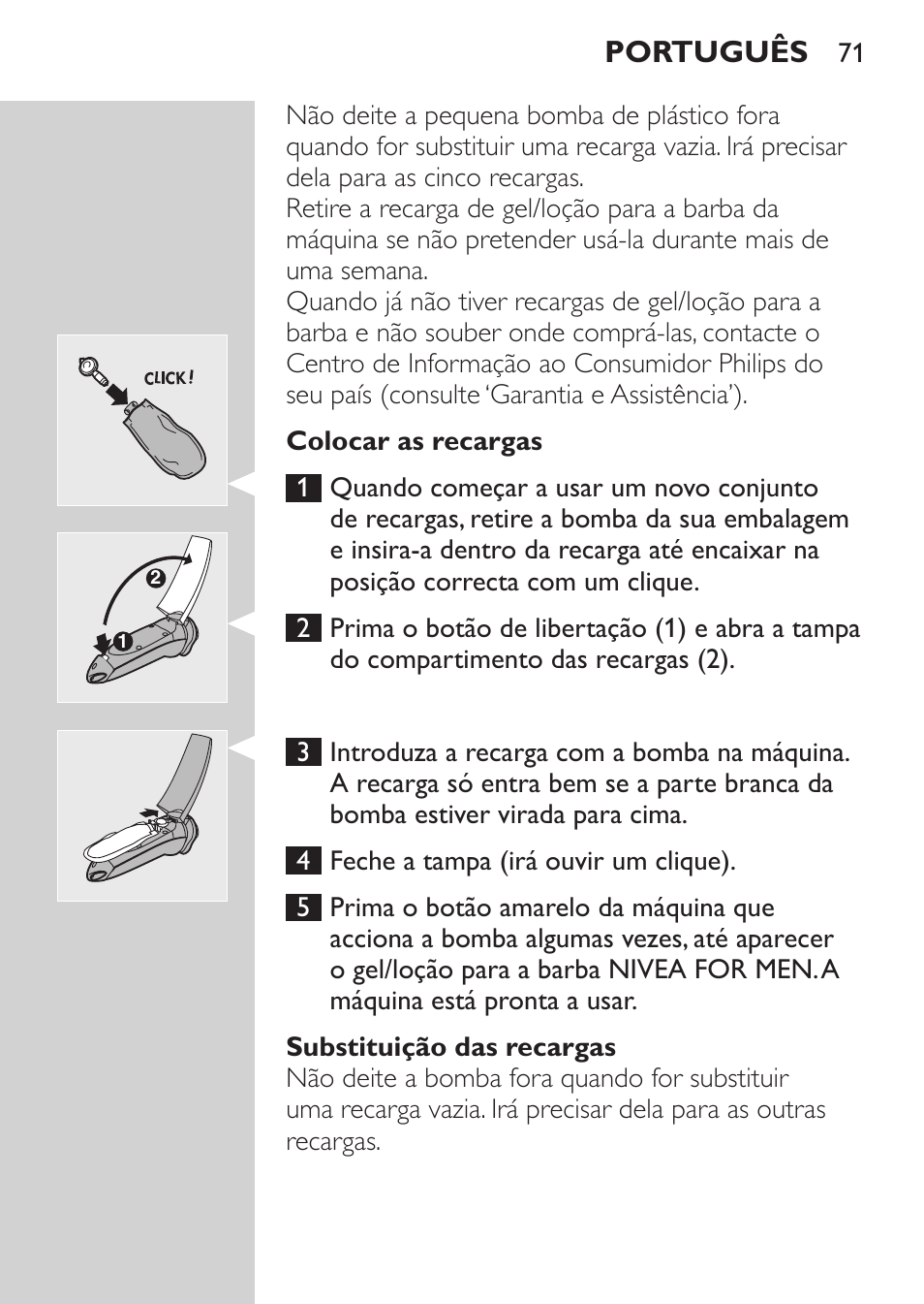 Colocar as recargas, Substituição das recargas, Português | Philips Afeitadora NIVEA FOR MEN User Manual | Page 69 / 124