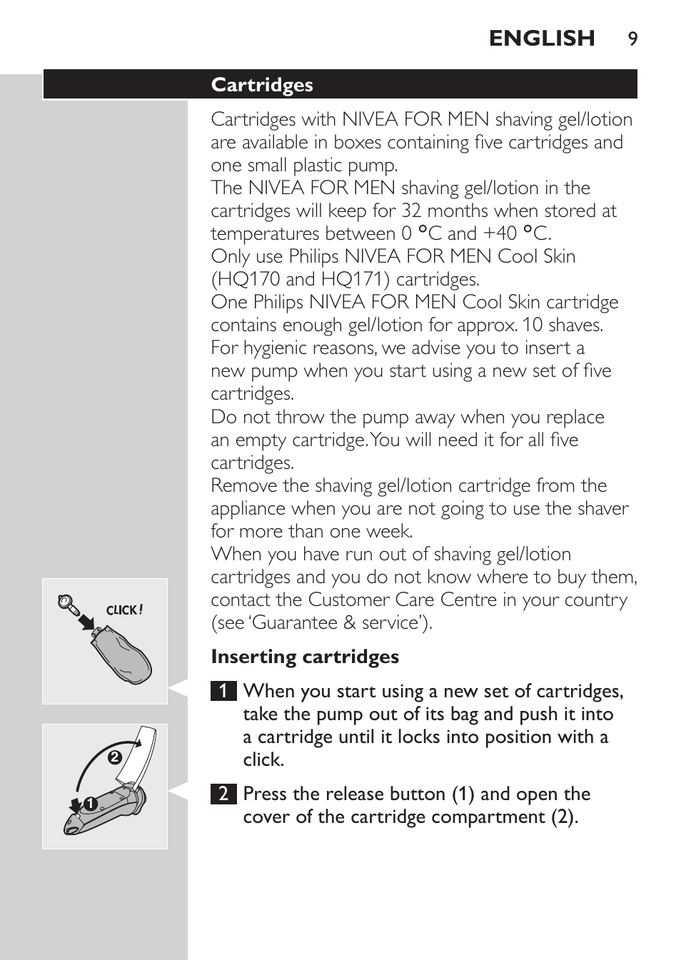 Inserting cartridges, Cartridges, English | Philips Afeitadora NIVEA FOR MEN User Manual | Page 7 / 124