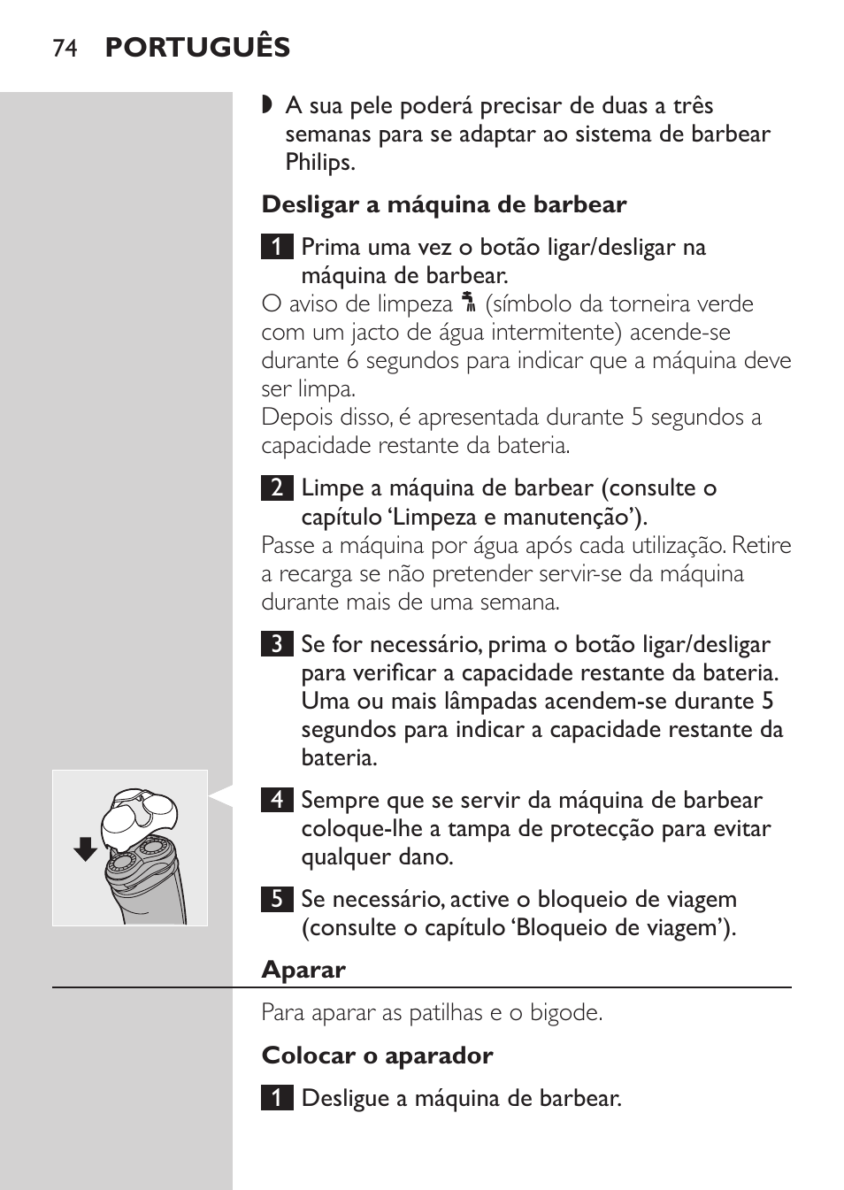 Desligar a máquina de barbear, Aparar, Colocar o aparador | Philips Afeitadora NIVEA FOR MEN User Manual | Page 72 / 124