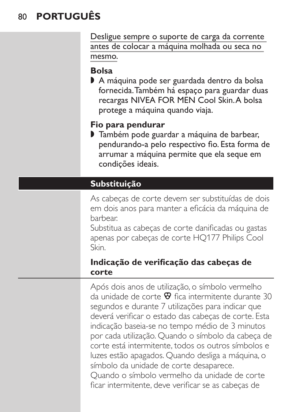 Fio para pendurar, Substituição, Indicação de verificação das cabeças de corte | Substituição das cabeças de corte | Philips Afeitadora NIVEA FOR MEN User Manual | Page 78 / 124