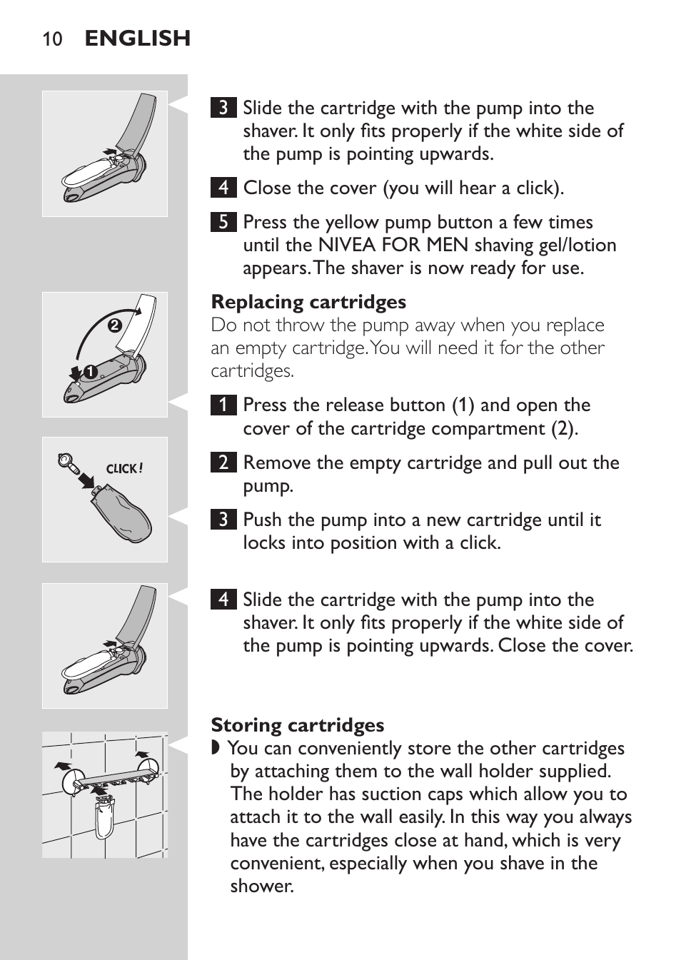 Replacing cartridges, Storing cartridges, English | Philips Afeitadora NIVEA FOR MEN User Manual | Page 8 / 124