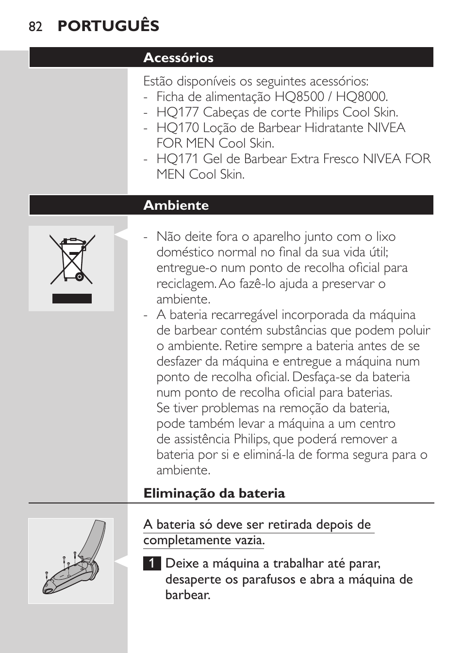 Ambiente, Eliminação da bateria, Garantia e assistência | Philips Afeitadora NIVEA FOR MEN User Manual | Page 80 / 124